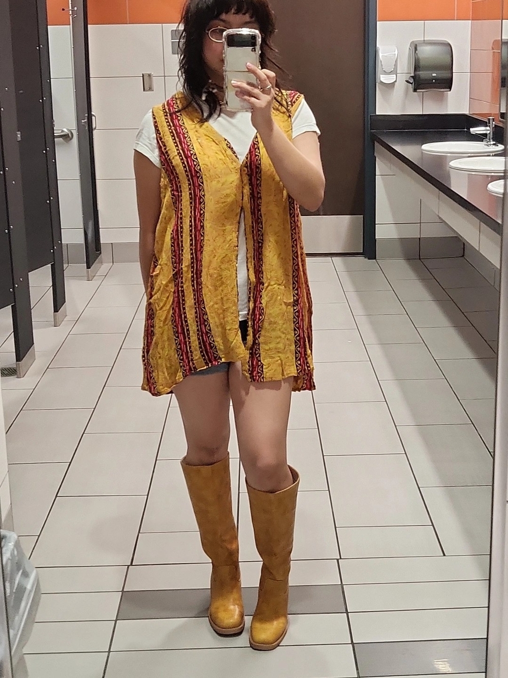 Striped V-Neck Boho Tunic in Mustard with Burgundy Accents